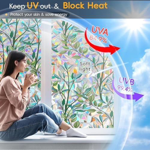 Rainbow Privacy Film with Cutting Line, 3D Decals Stained Glass Window Clings, Static Cling Window Sticker, Suncatcher, 23.6" x 78.7"
