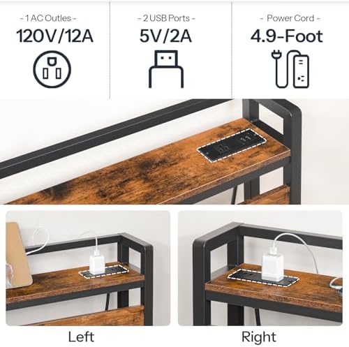 HOOBRO King Size Headboard, Headboard with 2 Outlets and 4 USB Ports, Adjustable Height, Storage Rack, Sturdy and Stable, Easy Assembly, Rustic Brown and Black