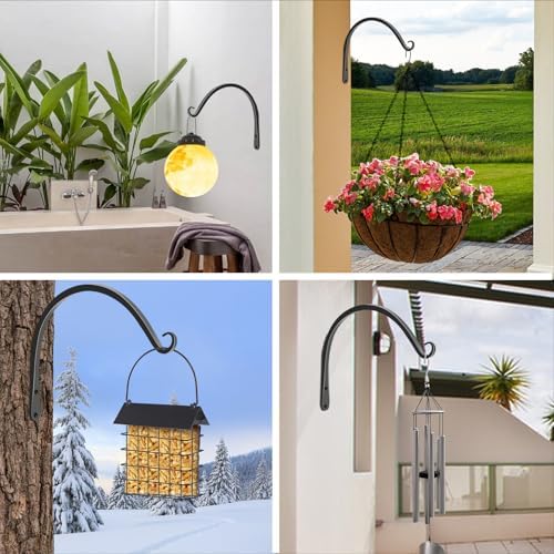 FEED GARDEN Plant Hooks 2 Pack 10 Inch, Solid 8mm Steel Wall Mounted Hanging Brackets, 48lb Rated, 1.2" Hook Opening, for Bird Feeders Baskets Wind Chimes, Indoor Outdoor Black