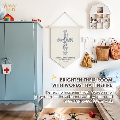 Wheatwin Christian Ocean Nursery Decor, Coastal Seashell Cross Bible Verse Wall Hanging Pennant Flag Banner, Ocean Wall Decor for Kids Nursery Toddler Room Bedroom Playroom 15x11 Inch