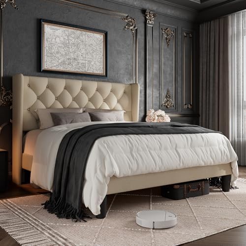 GalnFu Queen Size Bed Frame with Button Tufted Upholstered Headboard, Platform Bed Frame w/Sturdy Base Supports, Noise Free, No Box Spring Needed, Easy Assembly, Beige