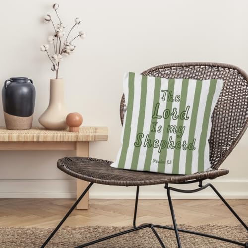 Green Striped Christian Bible Verse Scripture Throw Pillow Cover 18x18