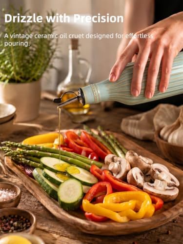 Ceramic Olive Oil Dispenser, 14 oz Vinegar Olive Oil Cruet (Vintage Green)