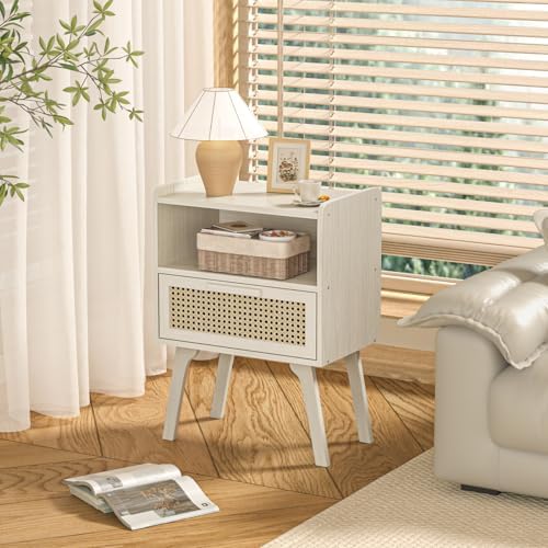 Lerliuo Rattan Nightstands Set of 2, Side Table with Drawer Open Shelf