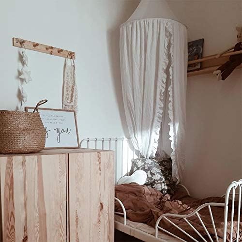 Bed Canopy with Frills Reading Nook Game Tent for Kids Boho Hanging Net Play Room Decor(White)