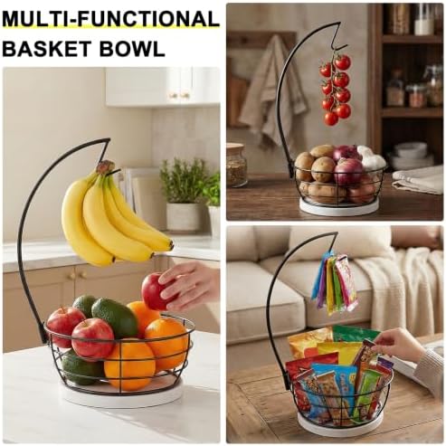 Livabber Countertop Fruit Basket Bowl with Banana Hanger, Modern Standing Fruit Vegetable Bowl Storage, with Banana Tree Holder for Kitchen Dinning Table (Round Marble, Black)