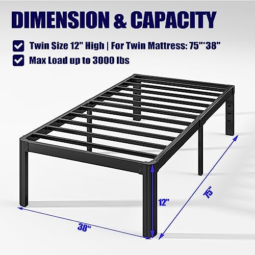Hunlostten 12" Heavy Duty Twin Bed Frame No Box Spring Needed, Metal Platform Bed Frame Twin with Round Corners, Easy Assembly, Noise Free, Black