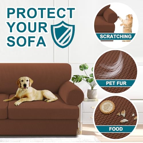 Turquoize 4 Piece T Cushion Sofa Slipcovers Stretch Couch Cover Furniture Covers with 3 Individual T Cushion Covers, Machine Washable (3 Cushion Sofa, Caramel)