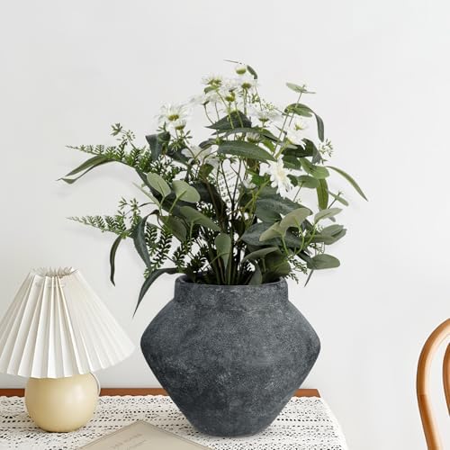 Briful Large Rustic Ceramic Vase with Distressed Finish, 8.2'' Tall Wide-Belly Decorative Flower Vases with Felt Pads, Retro Style Pottery for Home Decor, Table Centerpiece, Black