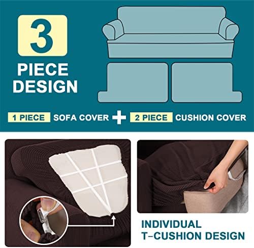 Turquoize 3 Piece T Cushion Sofa Slipcovers Stretch Couch Cover Furniture Covers with 2 Individual T Cushion Covers, Machine Washable (2 Cushion Sofa, Brown)