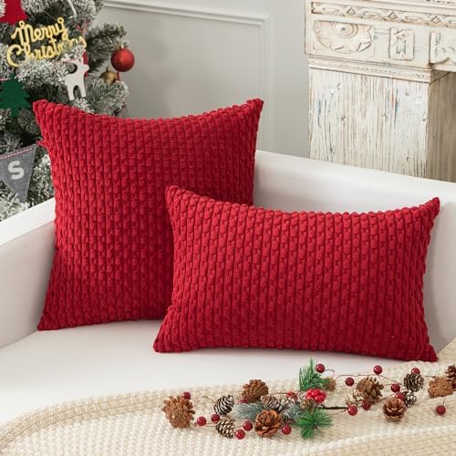 Kevin Textile Soft Corduroy 22x22 Inch Pillow Covers 2 Pack, Burgundy