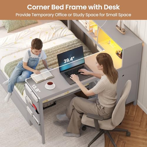 DICTAC Twin Corner Bed Frame with Desk and Storage Bookcase, Twin Size Platform Bed Frame with 4 Storage Drawers,Charging Station and LED Lights,Modern Daybed for Kids and Teen with Drawers,Grey