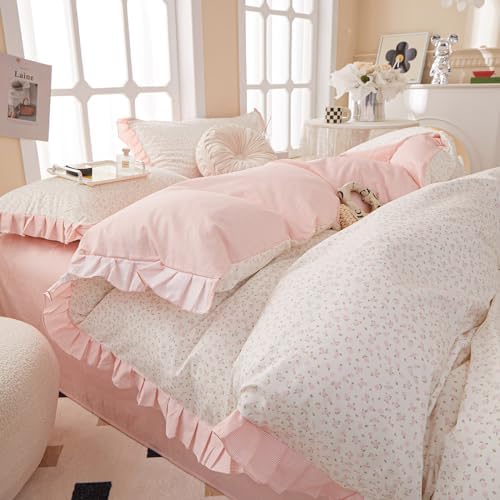 Pink Ruffle Duvet Cover Set 100% Cotton Queen(90"x90"),Pink Flower