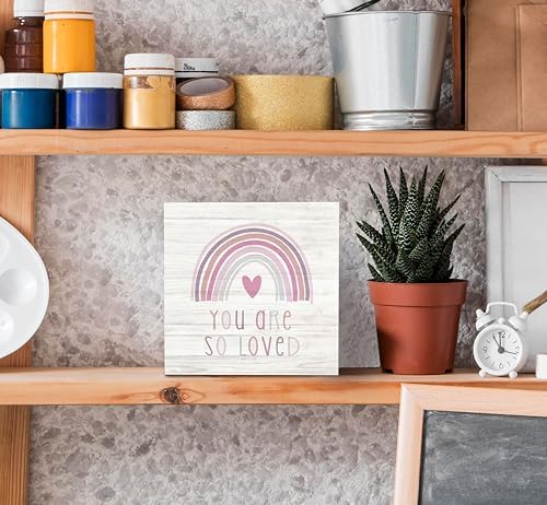 SRADMO You Are So Loved Rainbow Heart Wood Box Sign Desk Decor, Pink Decor Kids Inspirational Quotes Wooden Block Box Sign Decoration for Kids Room Nursery Playroom Shelf Table Decorative Accessories
