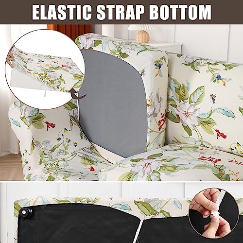 SearchI Stretch Sofa Cover Printed Couch Cover, Floral Pattern 4 Pieces Sofa Slipcover with 3 Separate Cushion Cover, Washable Furniture Protector for Living Room(Sofa, Spring Pattern)