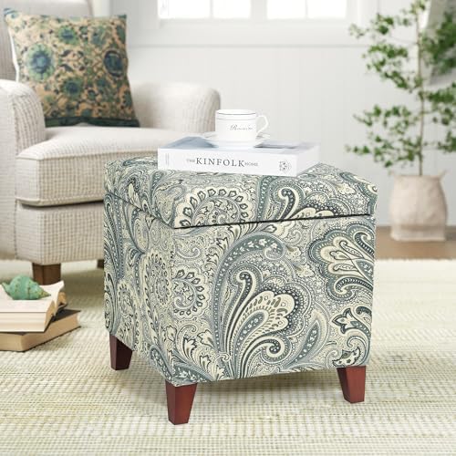Adeco 18" Cube Storage Ottoman in Blue Paisley, Upholstered Linen Foot Stool & Accent Chair for Entryway, Vanity or Small Spaces