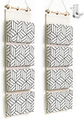 CROWNED 2Pcs Over Door Hanging Storage Bags Wall Mount Closet Organizer, 4 Big Pockets Linen Cotton Fabric Living Room Bedroom Bathroom File Magazine Waterproof Free Hooks White