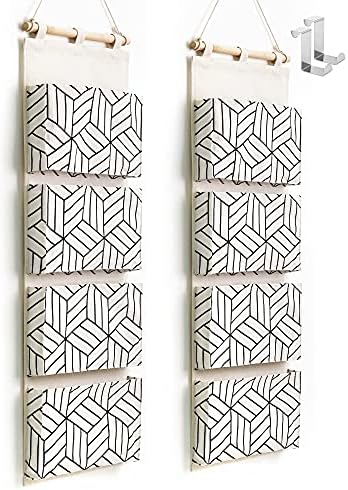 CROWNED 2Pcs Over Door Hanging Storage Bags Wall Mount Closet Organizer, 4 Big Pockets Linen Cotton Fabric Living Room Bedroom Bathroom File Magazine Waterproof Free Hooks White