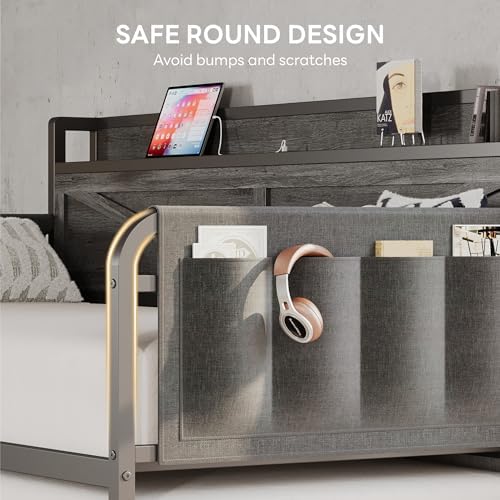 LIKIMIO Twin Daybed with Pop Up Trundle & Charging Station & Storage Shelf