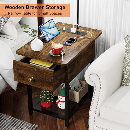 runjuly Floor Lamp with Table, Narrow Side Table with Charging Station