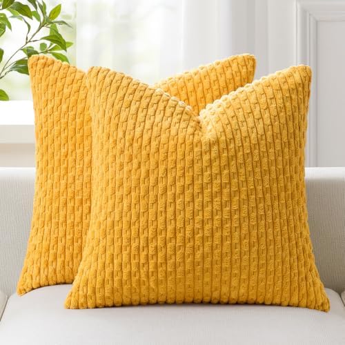Kevin Textile Soft Corduroy 16x16 Inch Pillow Covers 2 Pack, Yellow
