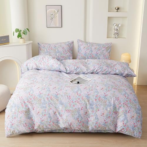 HighBuy French Style Pink Floral Duvet Cover Queen Size,100% Cotton Soft Botanical Floral Chic Cottagecore Bedding Comforter Cover Set Breathable for Hot Sleepers,Blue,for Women Girls