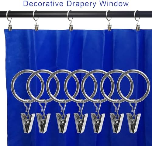 44 Pack Metal Curtain Rings with Clips, 1 in ID, Silver