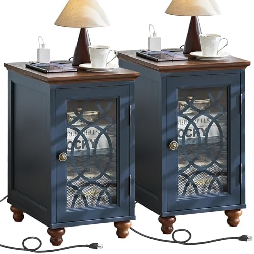 Joaxswe Narrow Side Table Set 2 with Charger, Glass Door Storage