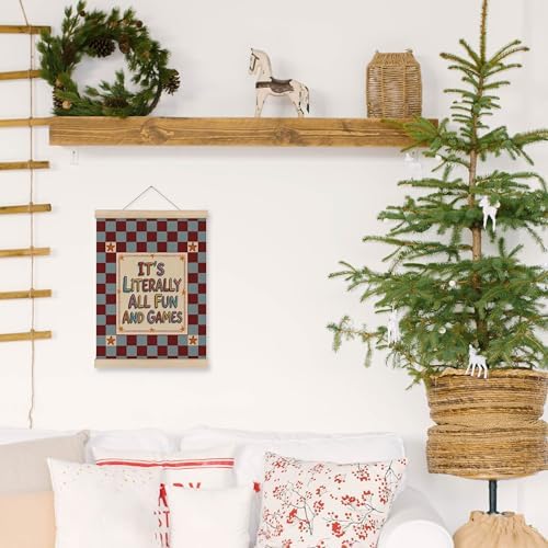 MAQIKA Funny Kids Playroom Poster Framed with Wood Hanger, Vintage Nursery Hanging Wall Decor, All Fun and Games Checkered Canvas Wall Art Paints for Kids Room Bedroom Playroom Classroom, 12x16 Inch