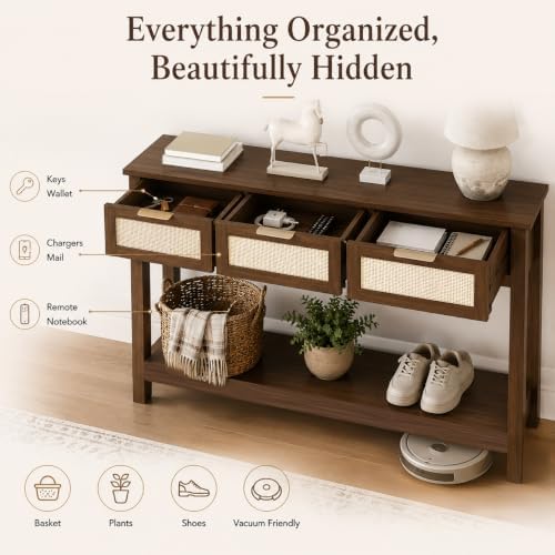 Luoxiao Console Table for Entryway with 3 Rattan Drawers Storage Open Shelf