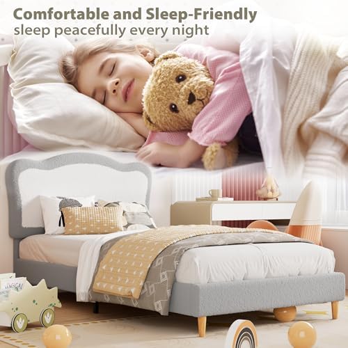 Garvee Full Bed Frames for Kids with Soft headboard, Velvet Low Bed Frame for Girls, Boys, No Box Spring Needed, Wooden Slats, Noise Free, Sturdy, Easy Assembly, Grey White