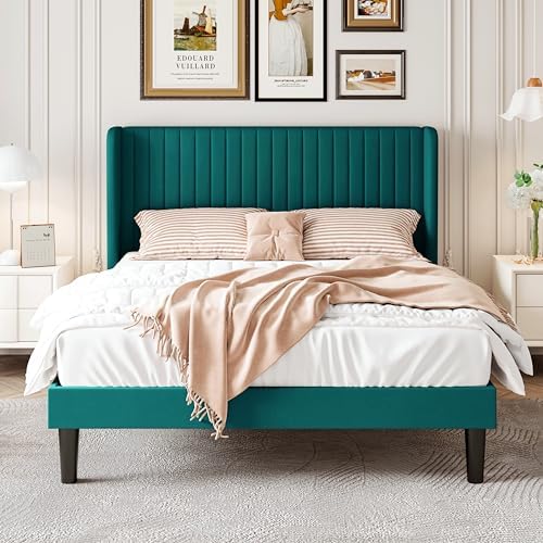 SHA CERLIN Queen Size Velvet Bed Frame, Tufted Wingback Headboard, Teal
