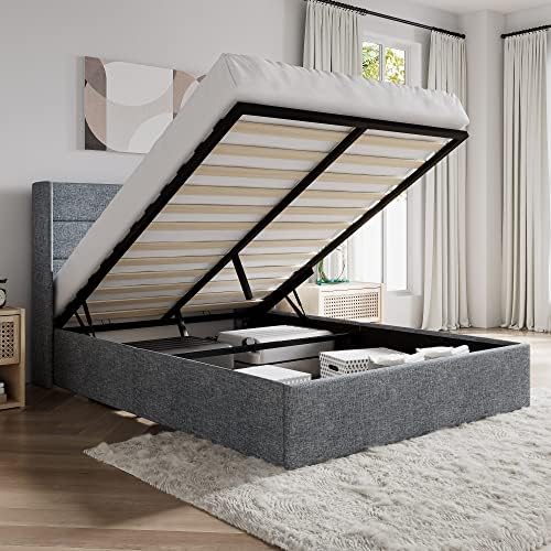 SHA CERLIN Queen Size Lift Up Hydraulic Storage Bed Frame Blue Grey