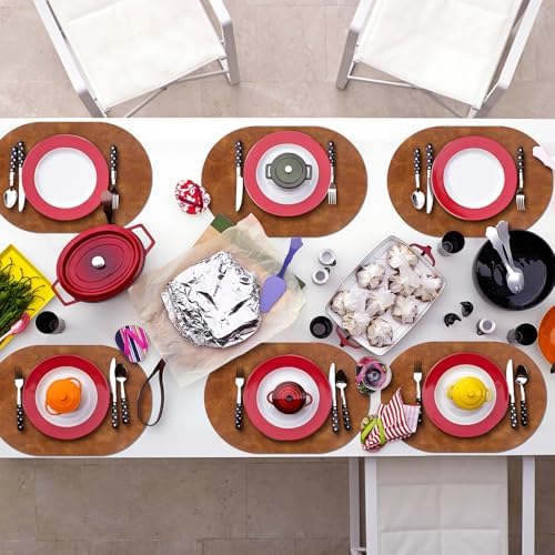 ADRIMER Oval Placemats Set of 8, Wipeable Faux Leather, Turmeric Brown