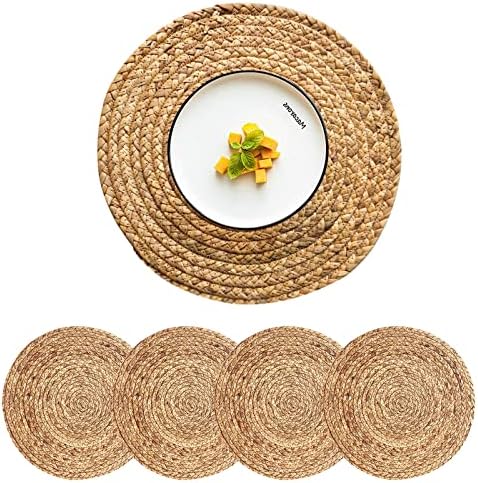 Round Woven Placemats Set of 4, Natural Water Hyacinth Place mats, 13.5 Inch Rattan Placemats Wicker Placemats Farmhouse Boho Braided Heat Resistant Outdoor Placemat Patio Table Place Mats