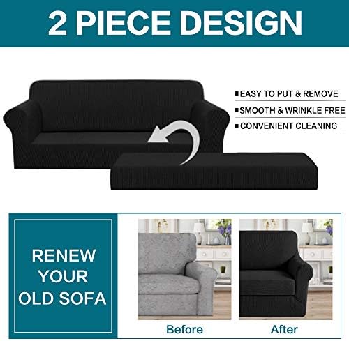 Turquoize Stretch Sofa Slipcover 2 Pieces Sofa Cover Couch Cover for 3 Cushion Couch Washable Furniture Protector Covers with Elastic Bottom Feature Thick Jacquard Fabric (Sofa, Black)