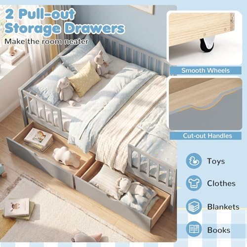 KOMFOTT Full Bed Frame with Rails, Wood Daybed with Side Shelf & 2 Storage Drawers, Platform Bed with Guardrail & Wooden Slat Support for Kids Teens, No Box Spring Needed (Full,Grey)