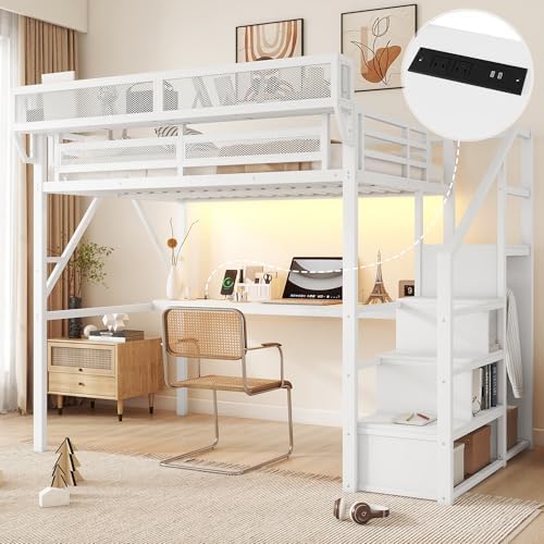 Full Size Metal Loft Bed Frame with Desk, Staircase, Built-in Storage Shelves and Wardrobe, Modern Loft Bed with Solid Slats, Guardrail, No Box Spring Required, Easy Assembly, for Bedroom, White