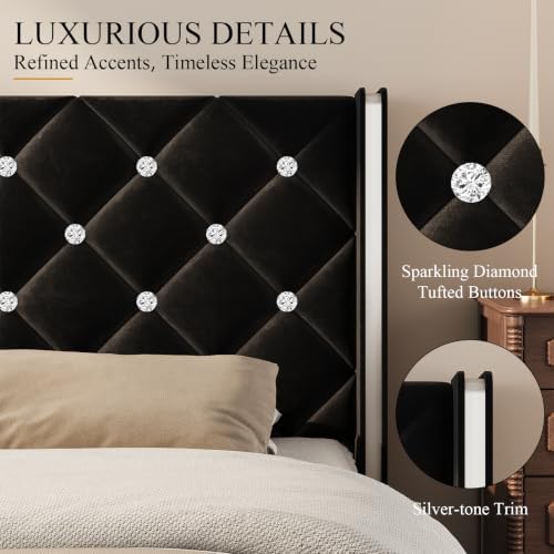 HOMBCK Full Bed Frame with Velvet Headboard, Silverside Wingback, Black