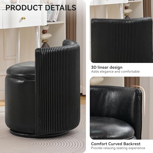 WUTUTUEE Faux Leather Vanity Chair with Storage, 360° Swivel Makeup Chair with Pleated Back, No Assembly Small PU Accent Stool for Bedroom, Dressing Room, Living Room, Black
