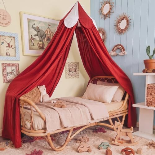 Bed Canopy with Scalloped Edge, 2 Panel Striped, Red
