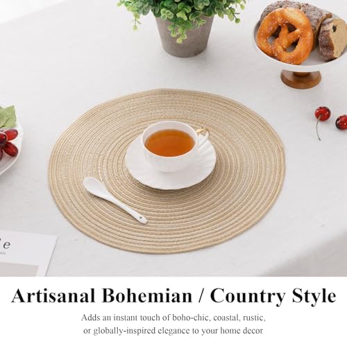 SHACOS Round Braided Placemats Set of 8 Cotton Fabric Round Table Mats Non Slip Washable 15 inch Round Place Mats Home Party Table Decor (Beige, 8)