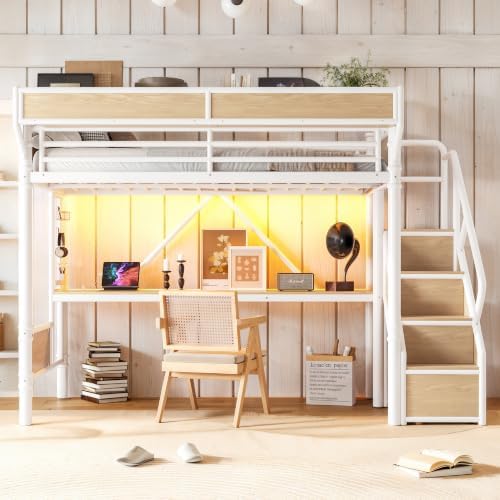 Twin Size Metal Loft Bed Frame with Storage Staircase & Built-in Desk & Wardrobe, Loft Bed with Pegboard & Mesh Storage Baskets & Slats, No Box Spring Required, Easy Assembly, for Bedroom, White