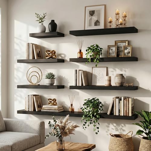 55 Inch Floating Shelves for Wall, 8"D Wood Storage Shelves, Black Finish