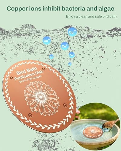 OICEME Bird Bath Purification Disc Pure Copper Outside Winter Solar Power Birdbath Deicer Cage Hanging Bowl Metal Deck Railing Glass Concrete Ceramic Stone Ground Water Bird Flowers