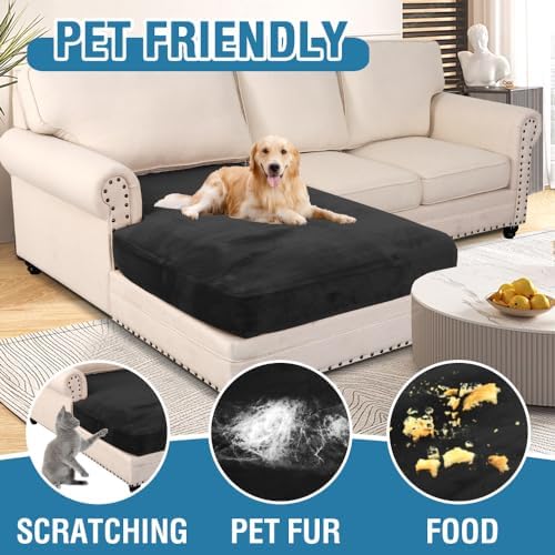 H.VERSAILTEX Velvet Stretch Individual Chaise Cover Sectional Couch Covers for L Shaped Sofa Both Left/Right Furniture Protector Seat Cushion Sofa Cover (1 Piece Chaise Cover, Black)