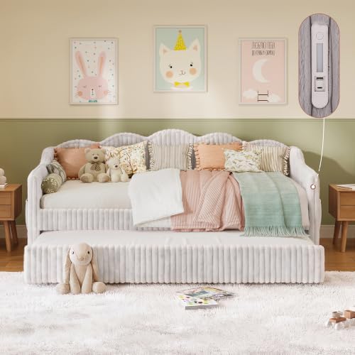Twin Faux Fur Upholstered Daybed with Trundle, Side Pockets, Light Gray