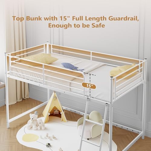 JOYMOR Low Loft Bed with Inclined Ladder, Metal Twin Size Bed Frame with 15” High Guardrail for Boys Girls, Junior, Space Saving, Mattress Not Included (White)