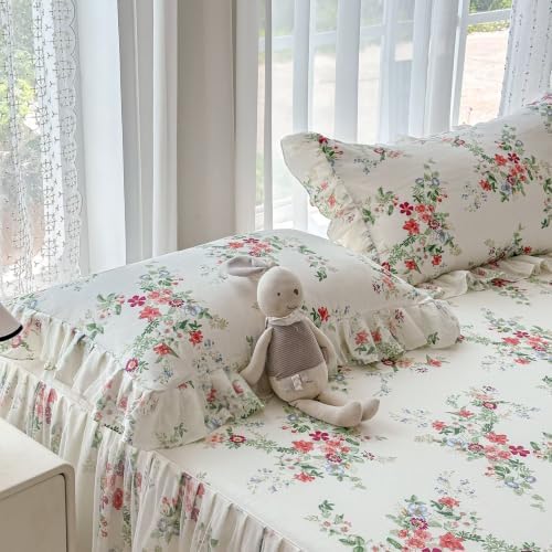 Cotton Duvet Cover Twin 3 Pcs, Cute Floral Ruffled Bedding 68"×86"