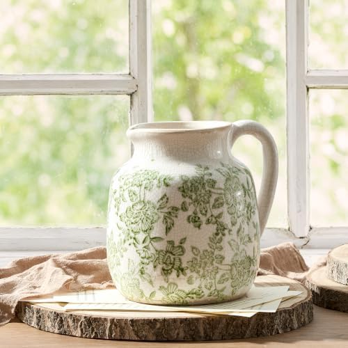 Ceramic Vintage Flower Vase, Utensil Holder, Green and White Decorative Vase Chinoiserie Decor Rustic Farmhouse Retro Floral Vases for Table Bookshelf Mantel Kitchen Living Room - 6.7” Green 016